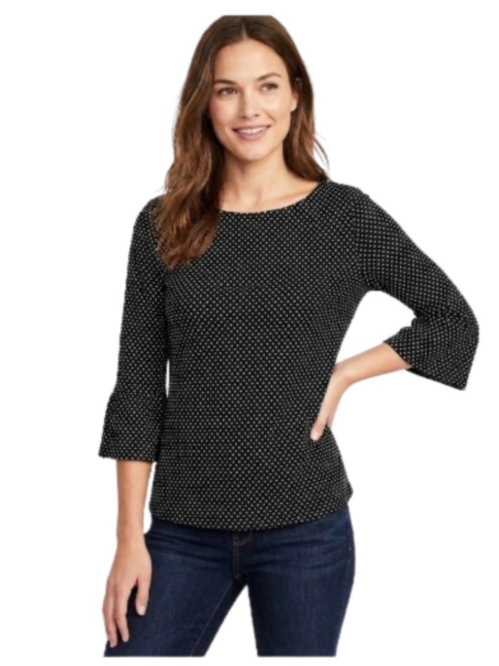Talbots Knit Top Black w/White Polka Dots Stretch 3/4 Bell Sleeves MP